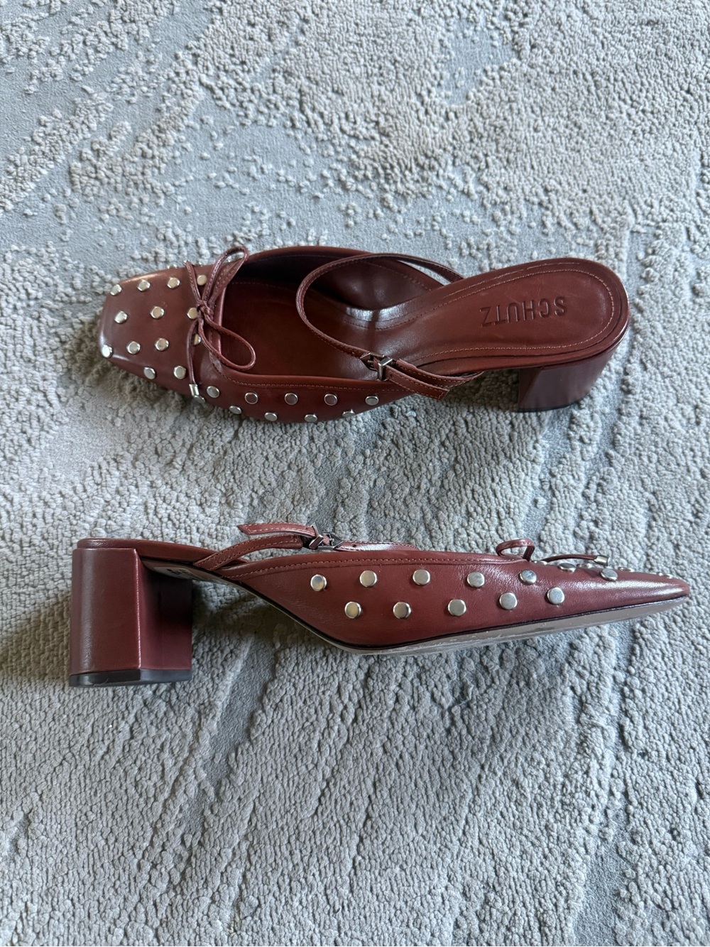 Schutz Arissa Brown Studded Block Heel Mules slip on leather size 10